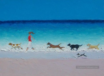 fille avec course Chiens à plage Impressionnisme enfant Peinture à l'huile